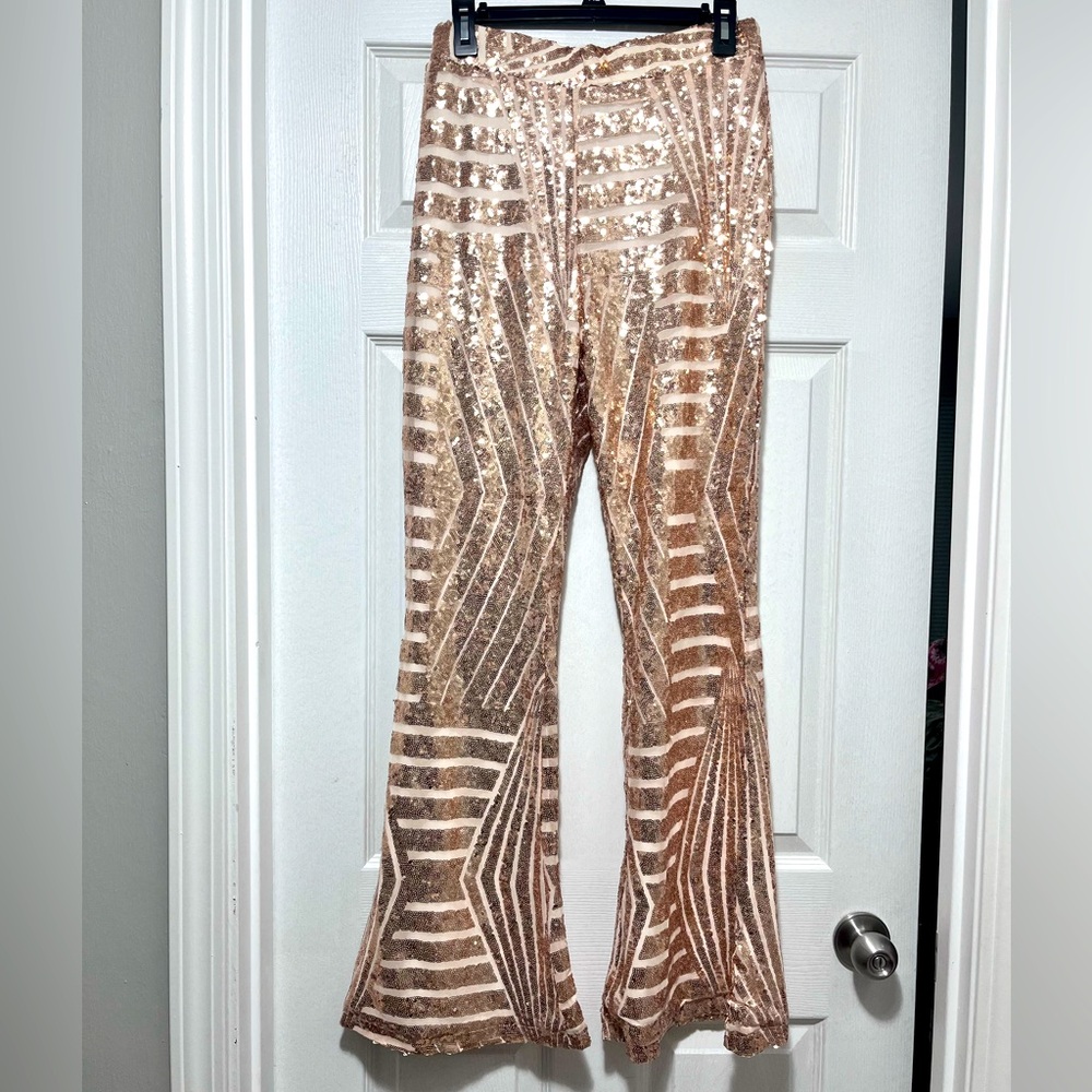 Apricot rose gold champagne sparkly wide leg sequin trousers - Picture 5 of 16